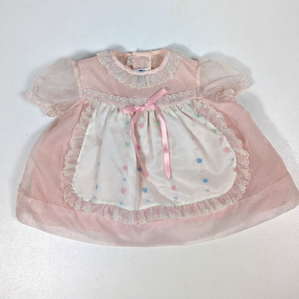 Vtg Haddad Brothers Dress Baby Girls Sz 3-6m Pink Sheer Swiss Dot Apron Classic